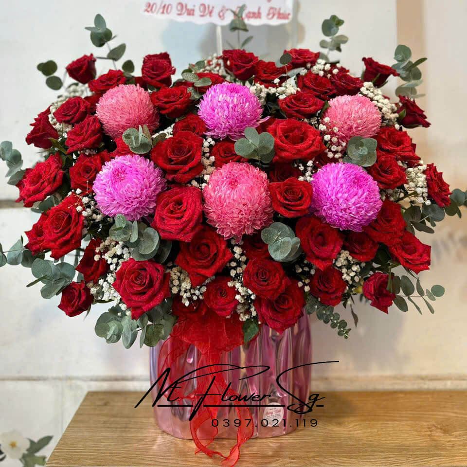 Giỏ Hoa Tươi  Đỏ Mix Mẫu Đơn GH15